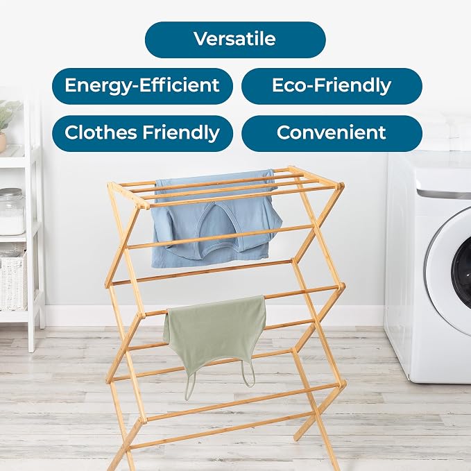 Honey-Can-Do Bamboo Collapsible Clothes Drying Rack, 25 Linear Feet | Folds flat for storage; 40 lb capacity; multi-tier drying for sweaters, towels & delicates; indoor or outdoor use