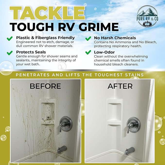 Shower Cleaner 32oz Spray - RV Bathroom Cleaner for Fiberglass & Plastic | Removes Hard Water Stains, Soap Scum & Mildew | Bleach-Free, Low Odor, Citrus Scent, Made in USA