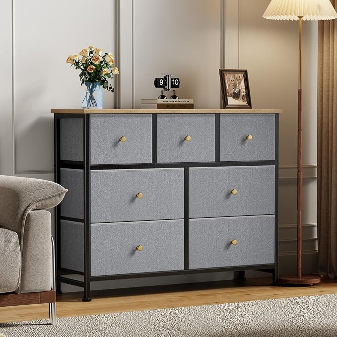 Sweetcrispy 7 Drawer Dresser with Fabric Bins, Fabric Storage Tower Organizer for Bedroom, Closet, Hallway, Entryway, Tall Chest of Drawers with Steel Frame, Wood Top, Large Storage, Gray Blue