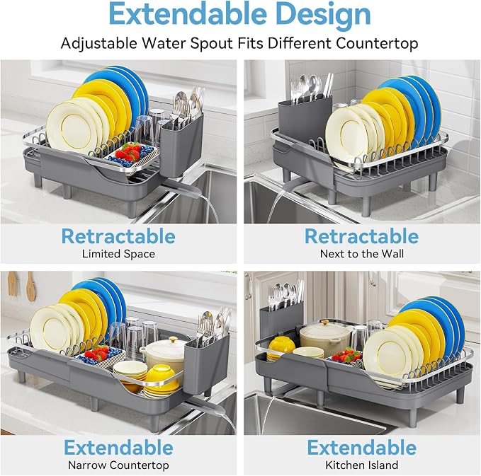 Urackify Expandable Dish Drying Rack for Kitchen Counter,16.2-23.7in,Grey | Adjustable Capacity, Countertop-Stay-Dry Drainboard, Heavy-Duty Steel, Stable Plate Rack, Spave Saving for Apartment,RV,Dorms