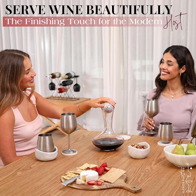 Gusto Nostro Crystal Wine Decanter with Marble Stopper - Premium Hand-Blown Lead-Free Glass Wine Decanter for Red Wines - 750ml Carafe for Wines with Natural Stone Round Stopper - Sleek Slanted Design