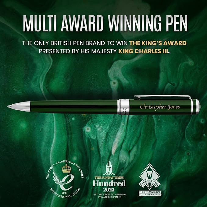 Scriveiner Personalized British Racing Green Ballpoint Pen - Stunning Green Lacquer Luxury Pen with Chrome Finish, Schmidt Ink Refill, Engraved Ball Point Gift Set for Men & Women, Custom Engraving