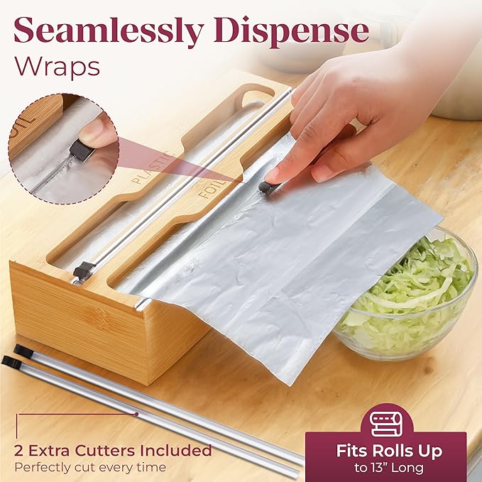 Bamboo Food Storage Bag Organizer for Drawer with Foil & Plastic Wrap Dispenser – 4 in 1 Premium Kitchen Drawer Organizer for Gallon, Quart & Sandwich Bags