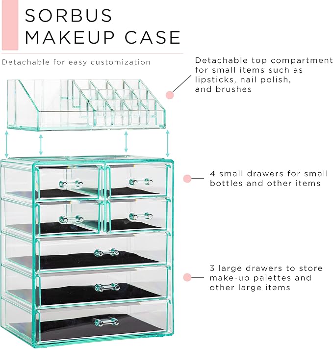 Sorbus Acrylic Makeup Organizer Set, 7-Drawer Vanity & Countertop Cosmetic Storage with Small & Wide Compartments, Teal Thrill Makeup Storage for Brushes, Jewelry – Holiday Gift for Women & Teens