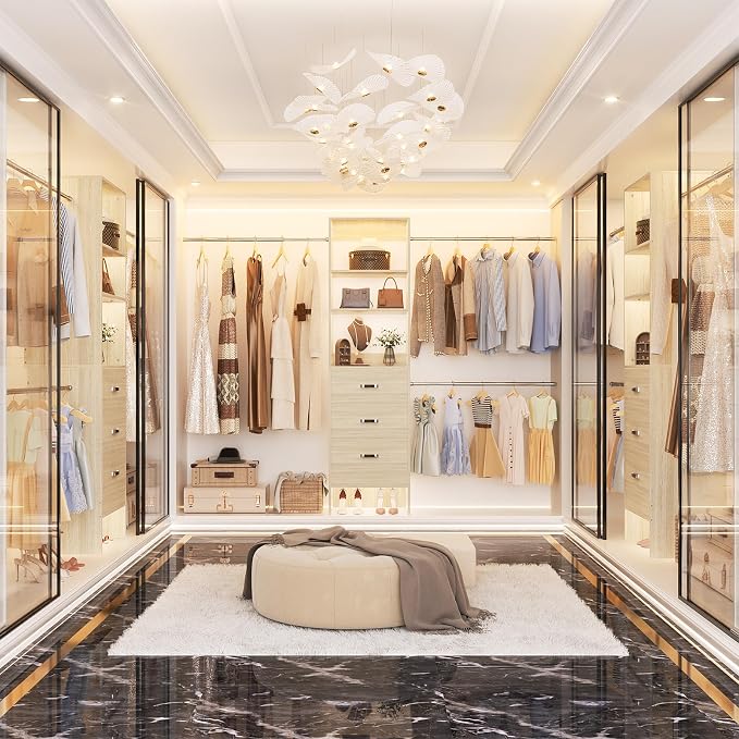 Besiost 96'' Closet Organizer System with 3 Hanging Rods, 8FT Closet Organizers and Storage with 3 Wooden Drawers, Built in Closet Organizer Systems, Adjustable Walk-in Wardrobe from 2-8FT, White Oak