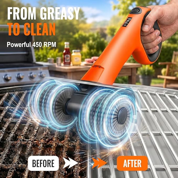 Electric Grill Brush, Cordless BBQ Grill Cleaner with Dual Rotating Heads, 450 RPM Motorized Grill Cleaning Brush with Forward & Reverse, LED Light, 6-Piece Replaceable Brush Set for Outdoor Grill