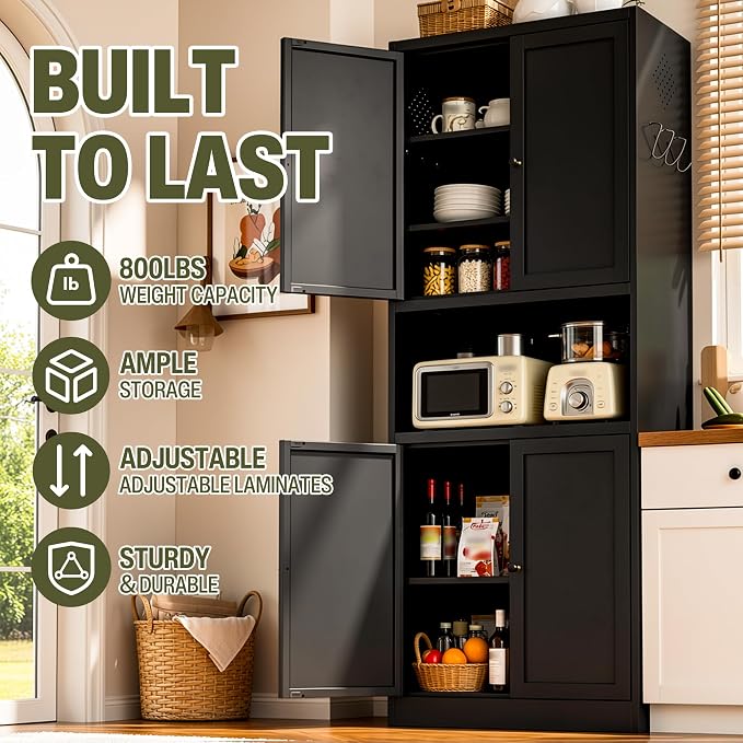 AQY Metal Pantry Cabinet, 72" Black Kitchen Storage Cabinet with Doors | Microwave Stand 3 Adjustable Shelves Freestanding Storage Metal Cabinet Kitchen Organization