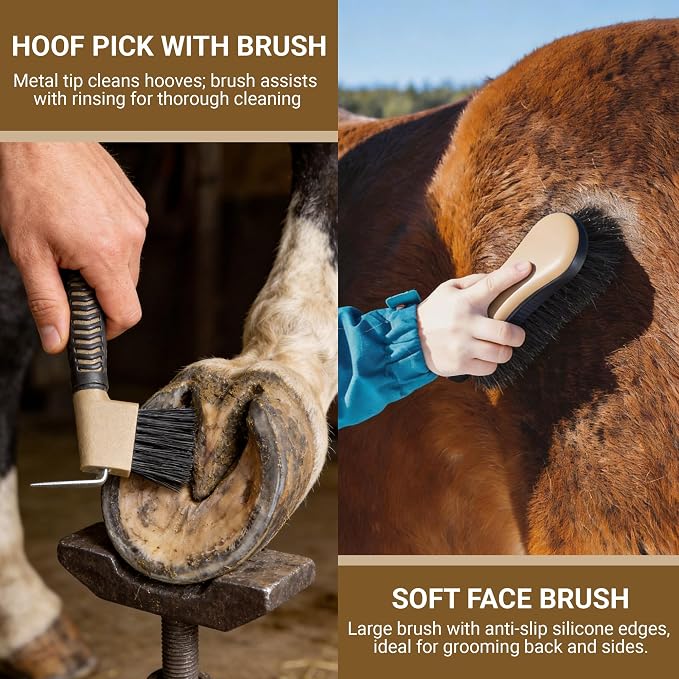 Horse Grooming Kit, 14-in-1 Professional Horse Brush Supplies Set for Grooming & Care, with Horse Brushes, Curry Comb, Hoof Pick & Waterproof Storage Tote Bag for Shining, Detangling, Massaging(Khaki)