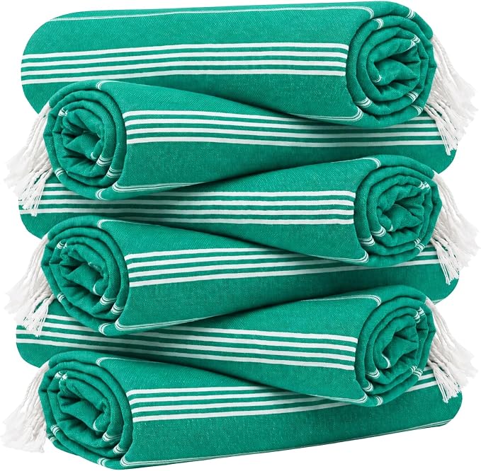 HAVLULAND Turkish Beach Towel Set of 6 Oversized 72x40 100% Turkish Cotton | Soft Hammam Peshtemal, Sand Free, Quick-Dry, Absorbent Bath Towel | Lightweight & Compact for Travel, Pool, Gym, Spa - Green