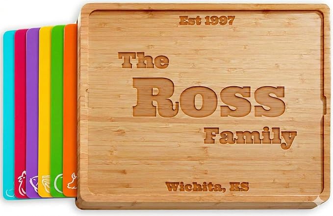 Cooler Kitchen Personalized Cutting Board Set - Custom Engraved Bamboo Charcuterie Board Set with 6 Color-Coded Mats — Engagement Gift, Wedding Gift, Housewarming Gift for Couples & Newlyweds - Large