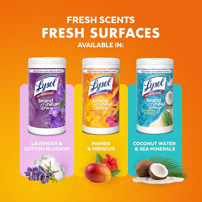 LYSOL Disinfecting Wipes, All Purpose Cleaner, Multi-Surface Antibacterial Cleaning Wipes, Household Cleaning Supplies, Dorm Essentials, Mango & Hibiscus Scent, 80 ct.