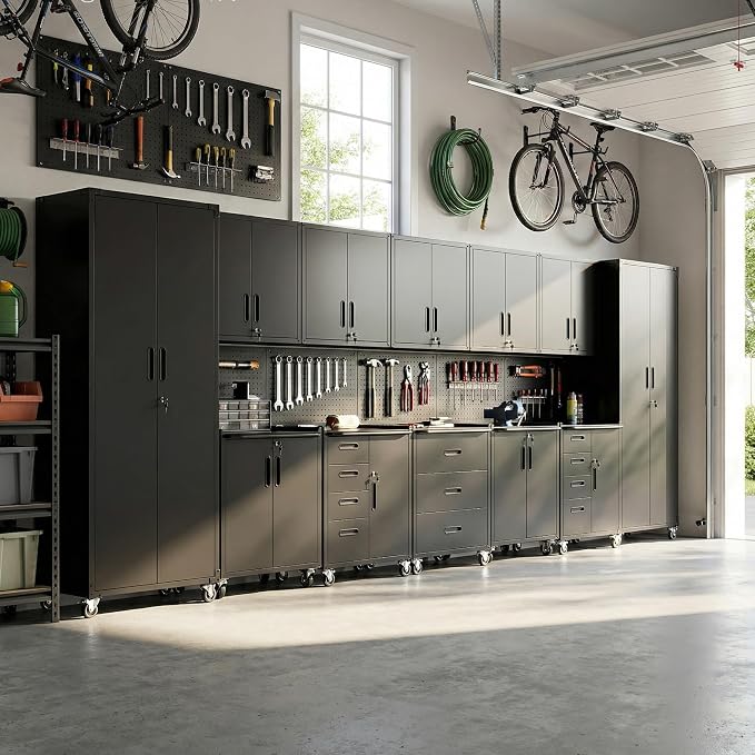 12-Piece Heavy Duty Steel Garage Cabinet System | All-in-One Modular Garage Cabinet Set for Ultimate Workshop Organization | Easy Assembly Garage Storage Cabinets & Tool Bench (Black)