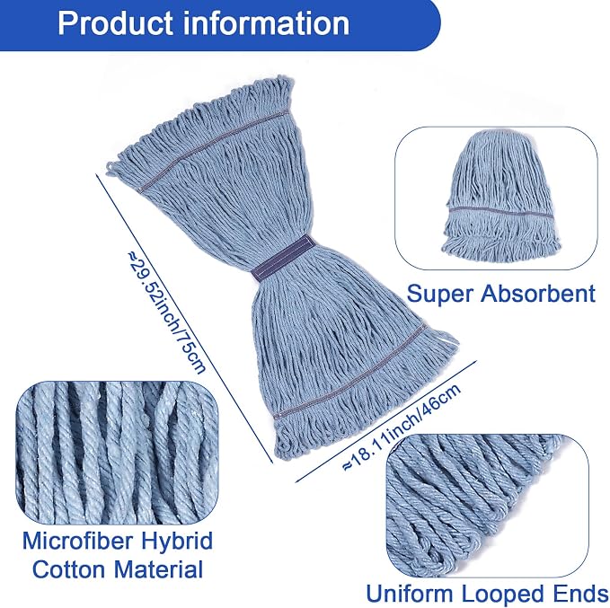 3 Pack Mop Head Replacement Commercial Heavy Duty Cotton Blue Mop Heads Replacement Reusable Looped End String Mop Refill for Industrial Residential Use