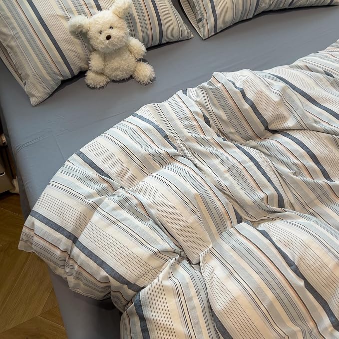 mixinni Vintage Blue and White Striped Duvet Cover Set Twin Size - 100% Washed Cotton 3 Piece Bedding Set with Geometric Pattern, Soft Breathable Comforter Cover with Zipper Closure & Corner Ties