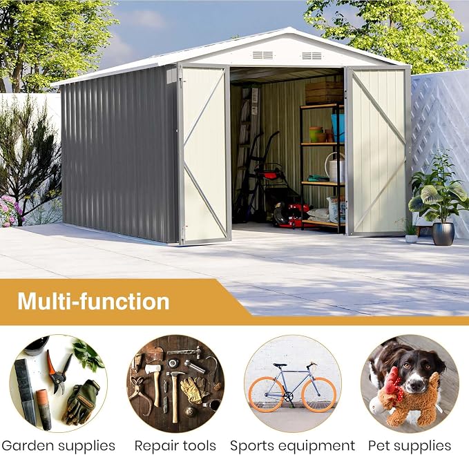Patiowell 8 x 12 FT Outdoor Storage Shed, Metal Storage Shed, Gray | Steel Shed Storage House with Design of Lockable Doors, Utility and Tool Storage for Garden, Patio, Backyard, Outside use