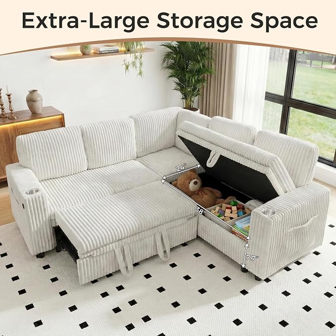 L Shaped Sectional Sleeper Sofa, Pull Out Couch with Storage, Beige | Pull Out Bed, 5 Seat Modular Design, Soft Corduroy Fabric, USB Charging, Cup Holders, Removable Covers, Easy Assembly