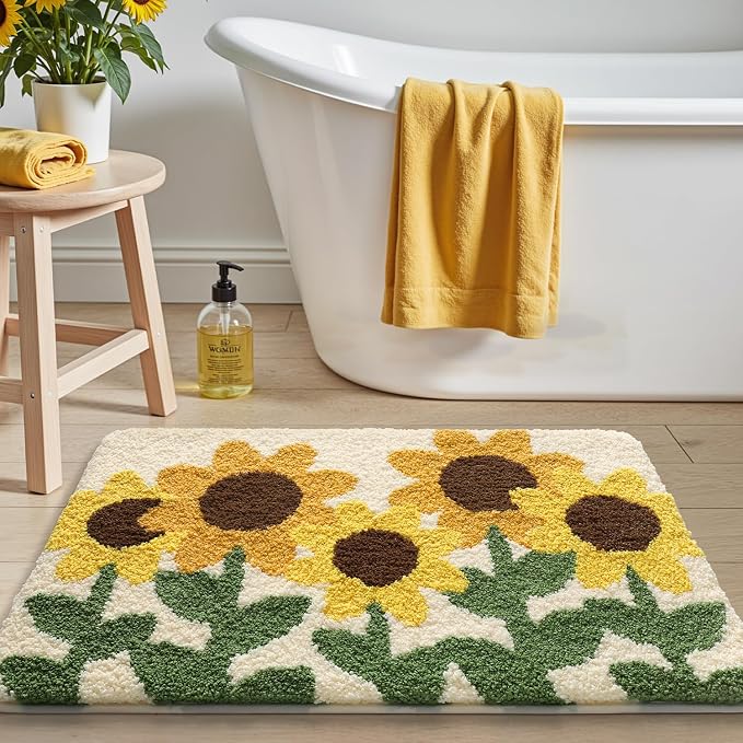 LUMI Bathroom Rug 20x32, Soft Absorbent Microfiber Bath Mats, Non-Slip Machine Wash Bath Mats for Bathroom, Shower and Bathtub Floor, Sunflower