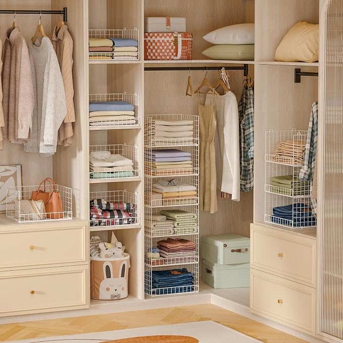 Yociyoga 6-Tier Stackable Closet Organizers and Storage Shelves, Closet Shelf Organizer Basket Bins, Foldable Sweater Storage for Clothes Organizer System, White（Patent No. 30022416）