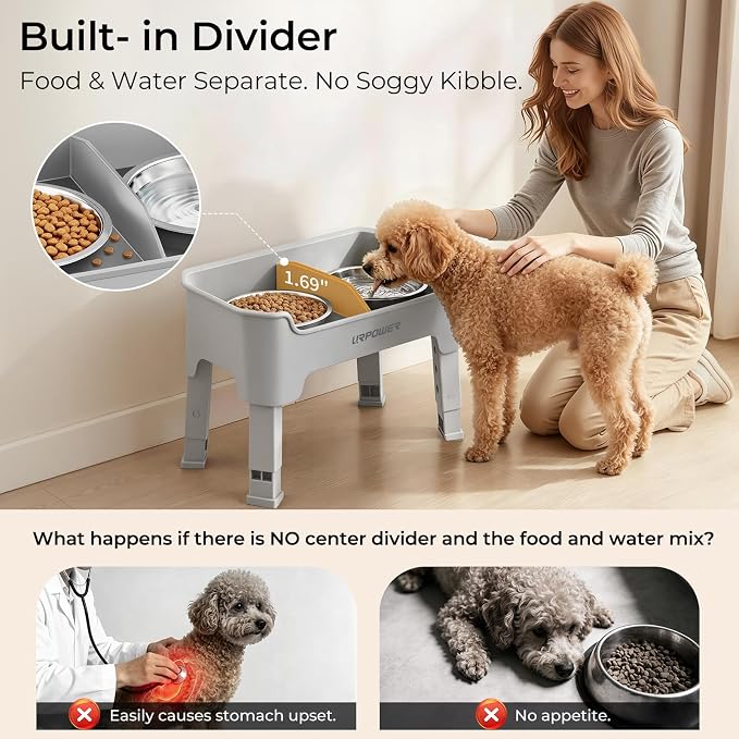 URPOWER Mess Proof Elevated Dog Bowls for Small Dogs with Splash Guard | 2 Stainless Steel Dog Bowls Non-Slip Food and Water Bowl Set with High Wall Splash Guard Design for Small Dogs, Light Grey