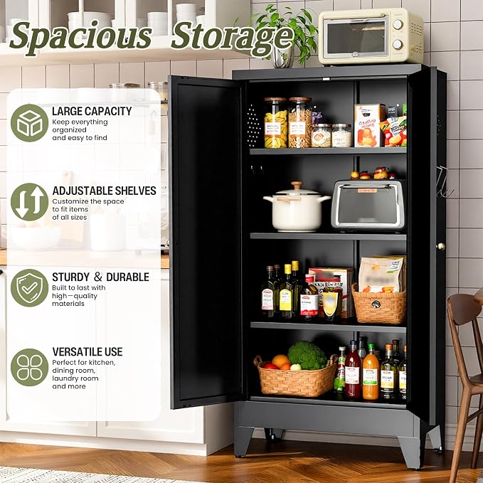 AQY Metal Pantry Cabinet, Black Kitchen Storage Cabinet with Doors | Adjustable Shelves Freestanding Storage Metal Cabinet Kitchen, Dining & Bathroom Organization