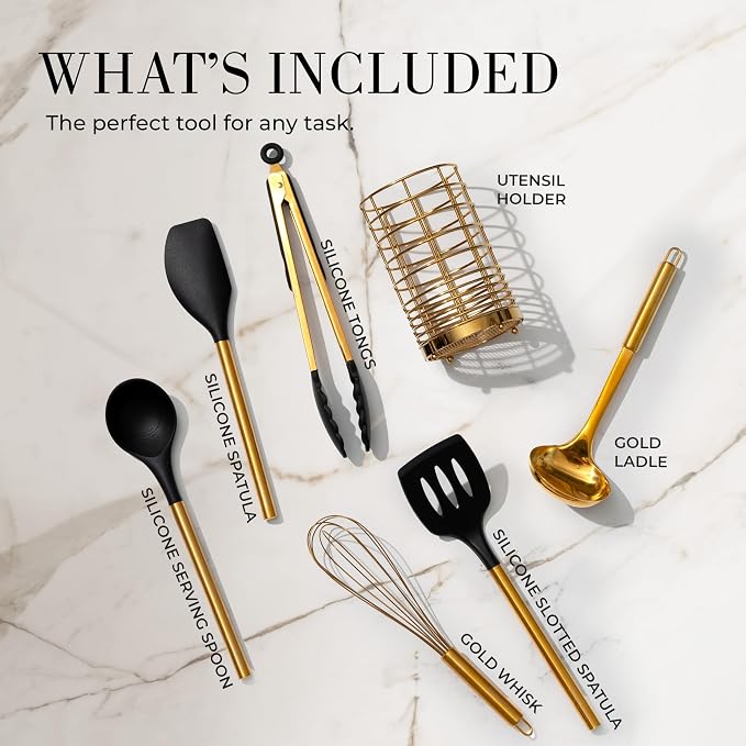 Black and Gold Kitchen Utensils Set - 7-Piece Silicone Cooking Tools with Gold Utensil Holder for Nonstick Cookware and Modern Kitchens - Stylish Luxury Kitchen Accessories