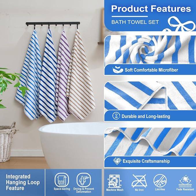 JML Microfiber Beach Towels Set, 6 Pack, 27" x 55", Cabana Stripe Blue | Haning Loop, Soft, Absorbent, Quick Dry, Use for Bathroom, Swimming Pool