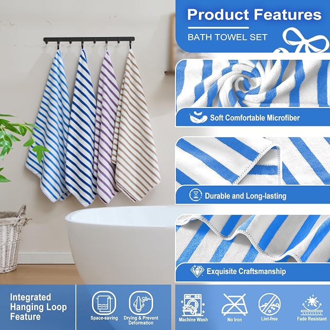 JML Microfiber Beach Towels, 4 Pack, 30" x 60", Cabana Stripe Blue | Hanging Loop,Soft, Absorbent, Quick Dry, Lint-free, No Fading Bath Towel for Summer Swimming Pool Party
