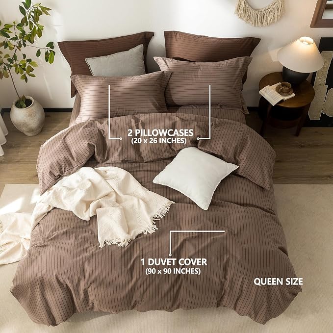 Stripe Duvet Cover Queen Size 90inch x 90inch,100% Washed Cotton Pinstripe Duvet Cover with Zipper Closure and 2 Pillowcases, Color of Light Brown-Black Stripe
