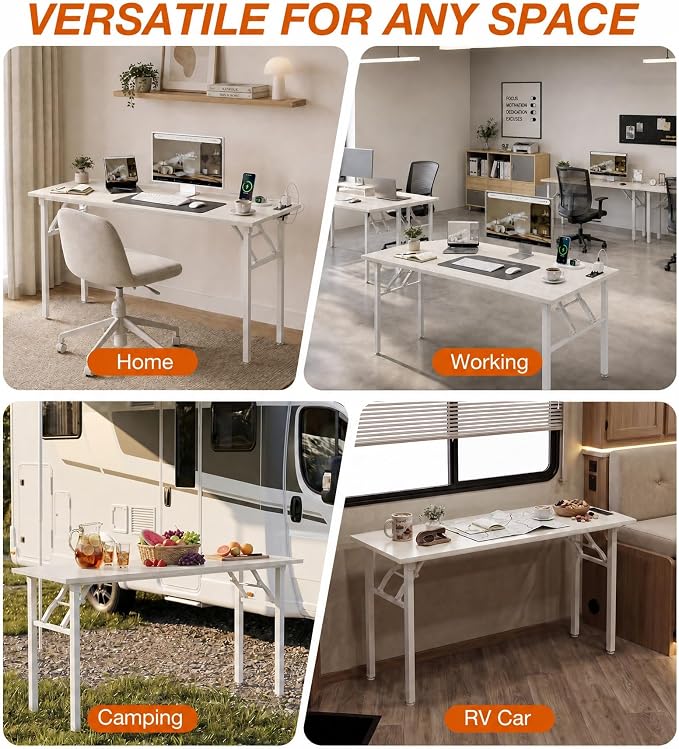 XBurmo Small Folding Desk Folding Table, No Assembly Foldable Desk Gaming Desk, 55.1-Inch Computer Table Workstation with 2 AC Outlets and 2 USB Ports for Bedroom and Home Office, White Ash