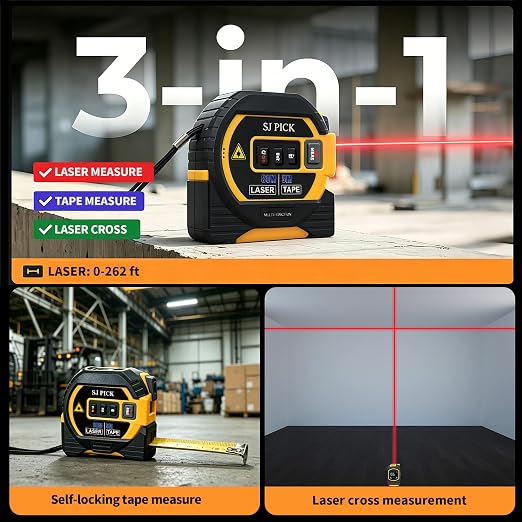 Voice Intelligent Tools Tape Measure 3-in-1 Laser Digital Measuring Tape Ruler-LCD Backlight 5M/16Ft Tape & Laser 80m/262Ft Rangefinder,Crosshairs Markings,Data Storage (Yellow, 80m/262ft)