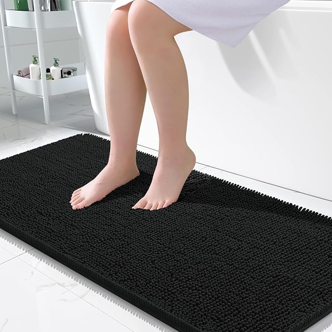 OLANLY Large Bathroom Rugs 50x30, Extra Soft Absorbent Chenille Bath Rugs, Rubber Backing Quick Dry, Machine Washable Bath Mats for Bathroom Floor, Tub and Shower, Home Decor Accessories, Black
