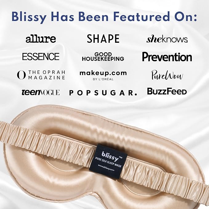 Blissy Silk Sleep Mask Profile - 100% Pure Mulberry Silk 22 Momme 6A Fibers Silk Eye Sleeping Mask for Women & Men for Total Blackout - Blindfold Silk Sleep Mask Side Sleeper Eye Cover (Champagne)