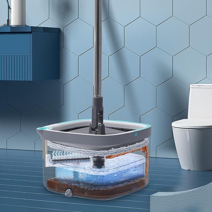 Spin Mop and Bucket with Separate Compartments for Clean and Dirty Water NEW 2025 Upgraded Version w/Side Brush and Self Standing Handle, Smart Square Mop w/ 2 Machine Washable Microfiber Pads, Gray