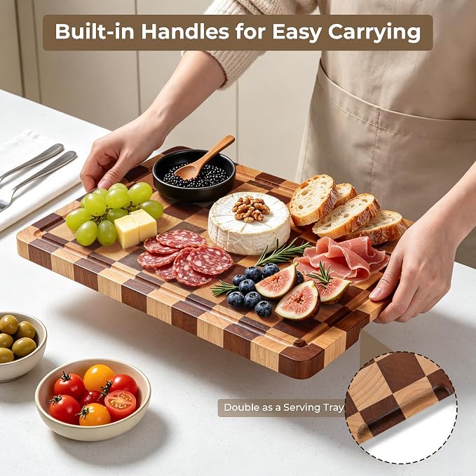 Checkered Cutting Board for Kitchen -Wood Checkerboard Cutting Board | Wooden Checker Chopping Board End Grain Cooking Board with Juice Groove & Handle for Meat, Fruit, Bread, Vegetable