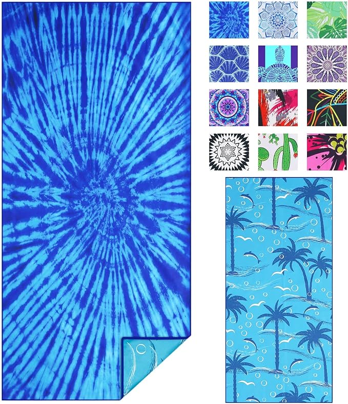 TwoYek Microfiber Beach Towel Extra Large 71x32 inches Blue Tie Dye Print | Thin Lightweight, Sand Free, Super Absorbent Quick Dry, Oversized for Travel Pool Swim Bath Accessories Vacation Essentials