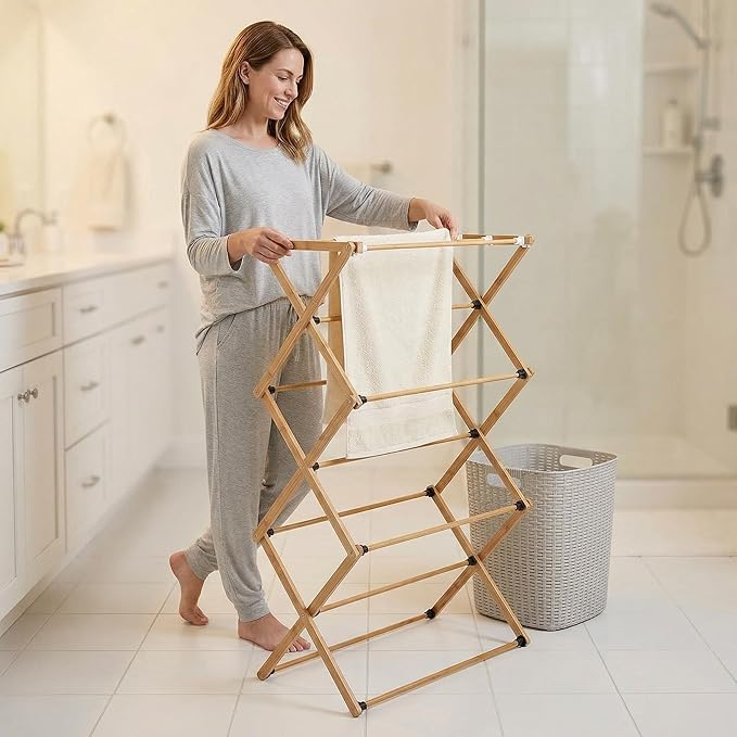 FJO Foldable Bamboo Clothes Drying Rack, 3-Tier Collapsible Laundry Clothes Hanger, Portable Wooden Drying Rack, Space Saving Indoor Outdoor, 28'' D x 15'' W x 39.3'' H, Beige