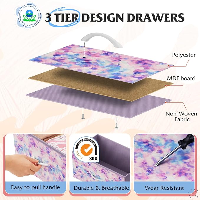 WLIVE 9 Drawer Dresser, Fabric Storage Tower for Bedroom, Hallway, Closet, Tall Chest Organizer Unit for Bedroom with Fabric Bins, Steel Frame, Wood Top, Tie-dye Print (Pink, Purple, Blue)