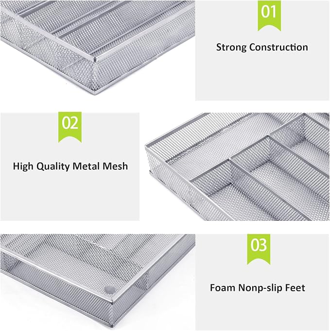Neudeco Silverware Drawer Organizer, Silver, 5 Compartment | Mesh Wire, Non-Slip Feet, Cutlery Tray, Flatware Storage Divider