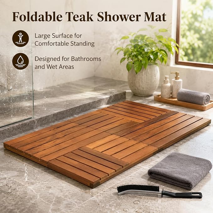 Foldable Teak Shower Mat, 36 x 20 Inch Large Teak Wood Bath Mat with Non-Slip Pads, Wooden Shower Mat for Bathroom, Indoor Outdoor Wood Shower Mat with Cleaning Brush and Cloth