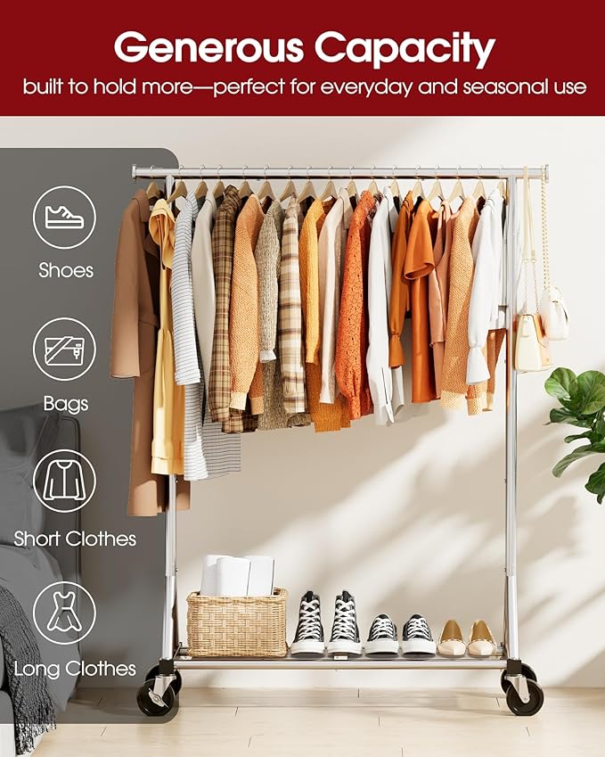 Sakugi Heavy Duty Stainless Steel Rolling Clothes Rack with Mesh Shelf, Lockable Wheels & Anti-Slip Stoppers, Large Capacity Clothing Organizer for Bedroom, Laundry Room, 42.5" x 16.5" x 65.9", Silver