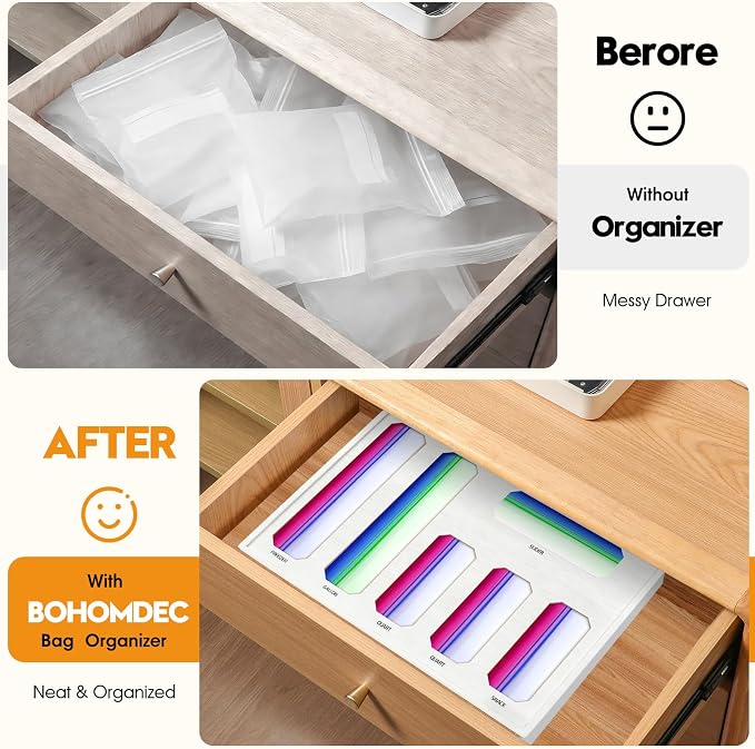 6 in 1 Bamboo Ziploc Bag Storage Organizer, White Baggie Organizer for Drawer with Sliding Lid - Fits Gallon, Quart, Sandwich, Snack & Freezer Bags, Wall Mountable Kitchen Drawer Organization