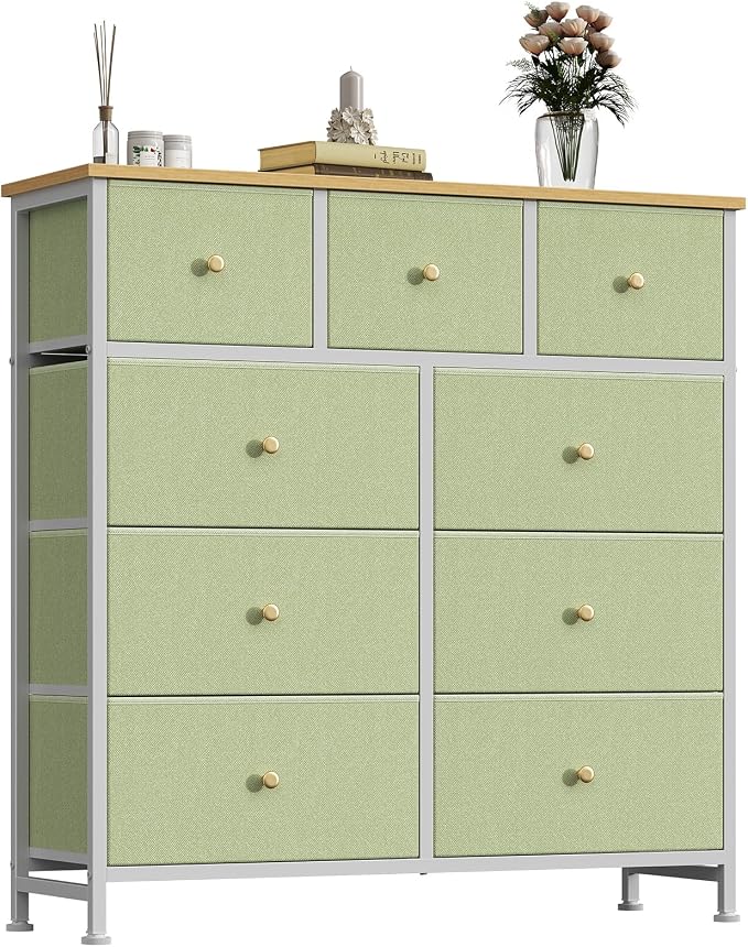 OLIXIS 9 Drawer Storage Dresser with Wood Top - Wide Fabric Chest Organizer for Bedroom, Closet, Living Room,Tower Cabinet, TV Stand, Hallway Entryway Furniture, Light Green