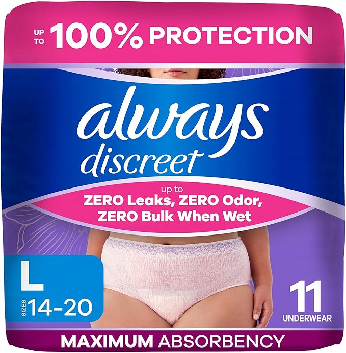 Always Discreet Reimagined Adult Diapers for Women, Maximum Absorbency Incontinence and Postpartum Underwear Size L, Up to 100% Leak Free Bladder Leak Protection, 11 Count