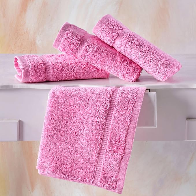 Washcloth Linen Set Premium Original Turkish Cotton, Hotel Quality for Maximum Softness & Absorbency for Face, Hand, Kitchen & Cleaning (Pink, Washcloth Set)