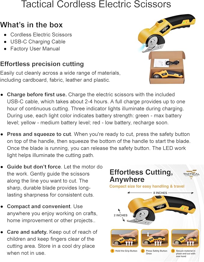 Tactical Electric Scissors Cordless Cardboard Cutter Electric Box Cutter for Cardboard 4V Rechargeable Power Scissors with Safety Lock LED Light for Carpet Plastic Leather