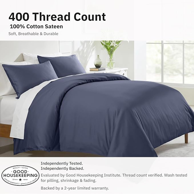 California Design Den 3 Pc Full/Queen Duvet Cover Set - Winner Good Housekeeping Best Bedding Awards 2025, 400 Thread Count Sateen, 100% Cotton, Button Closure, Corner Ties - Indigo Dusty Blue