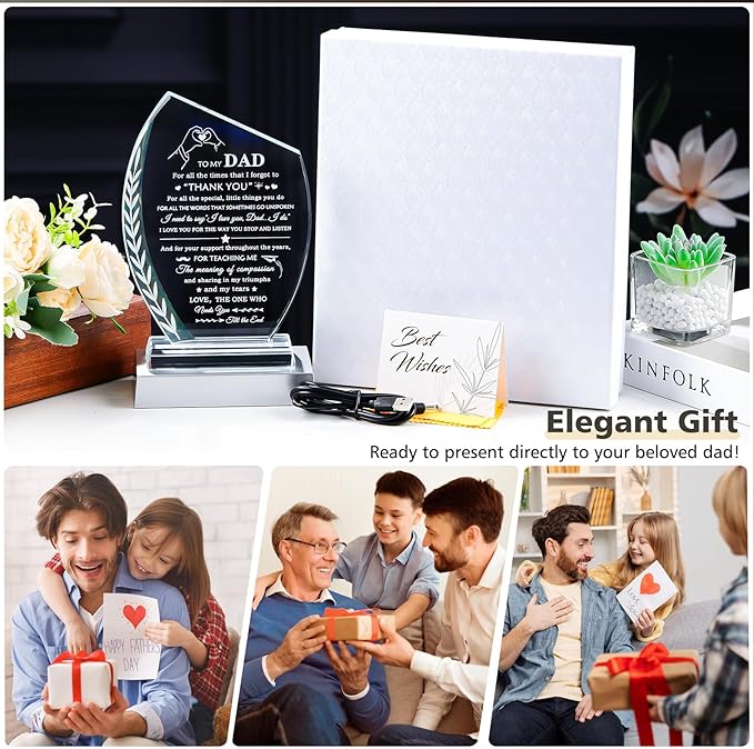 QIANWEI Fathers Day Dad Gifts from Daughter Son Unique Glass Plaque with Colorful Led Base, To My Dad Meaningful Birthday Present for Christmas Thanksgiving Valentines Day