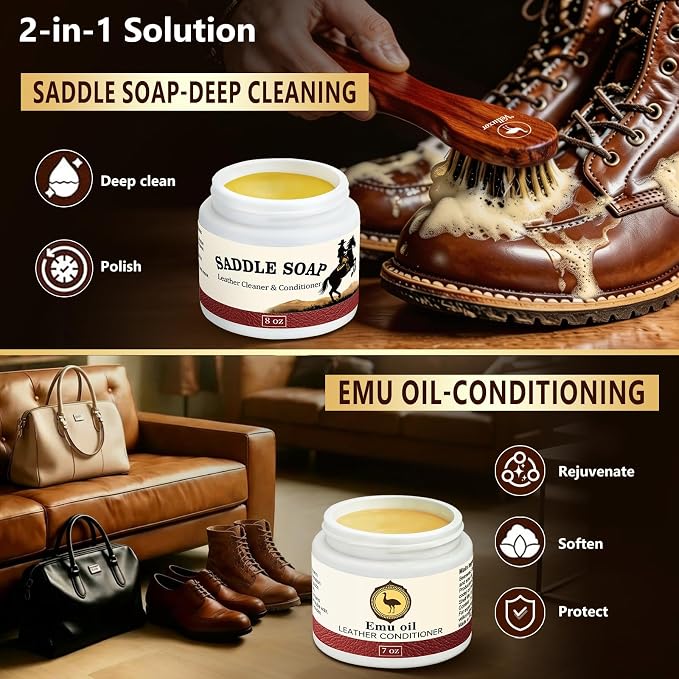 Leather Boot Care Kit, Emu Oil, Saddle Soap for Leather, Professional Leather Cleaner & Conditioner for Horse Tack, Shoes, Bags, Couch, Cowboy & Wood, Deep Clean Moisturize, Repair & Nourish