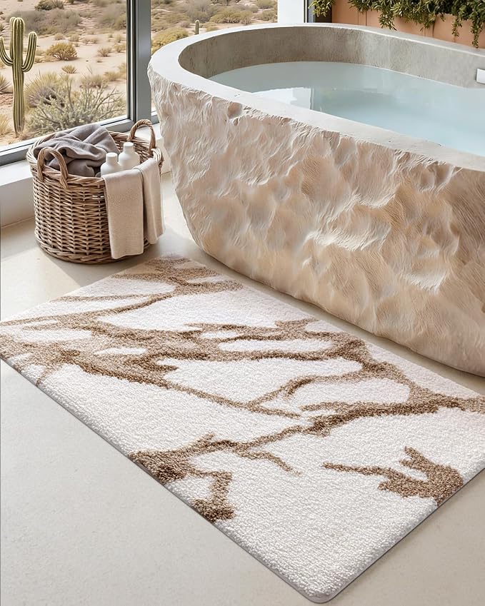DEXI Bathroom Rug Mat 43x24, Soft and Absorbent Marble Bath Mat, Non Slip Machine Washable Bath Rugs for Shower Floor, Tub, Sink, White and Beige