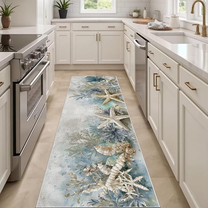 Seaside Coastal Washable Runner Rug 2.6x7 - Starfish Coral Hallway Rug, Ultra-Thin Kitchen Rugs, Watercolor Ocean Anti Slip Runner Rugs for Entrance Laundry Room Corridor Bedroom